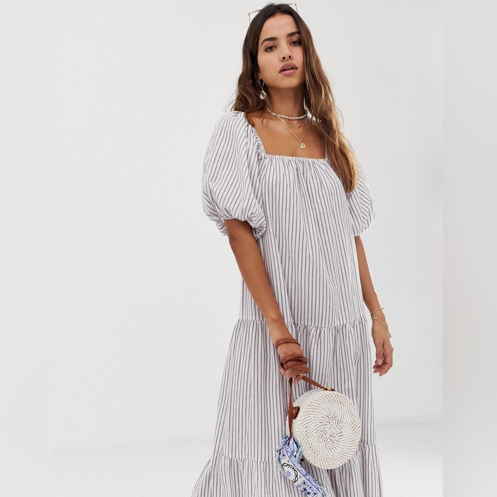 ASOS DESIGN tiered maxi dress in stripe with puff sleeve